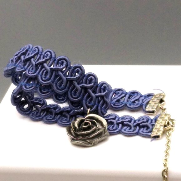 Macrame Blue Ribbon Choker with Silver Tone Rose Pendant, Gimp Trim Victorian - Picture 2 of 4